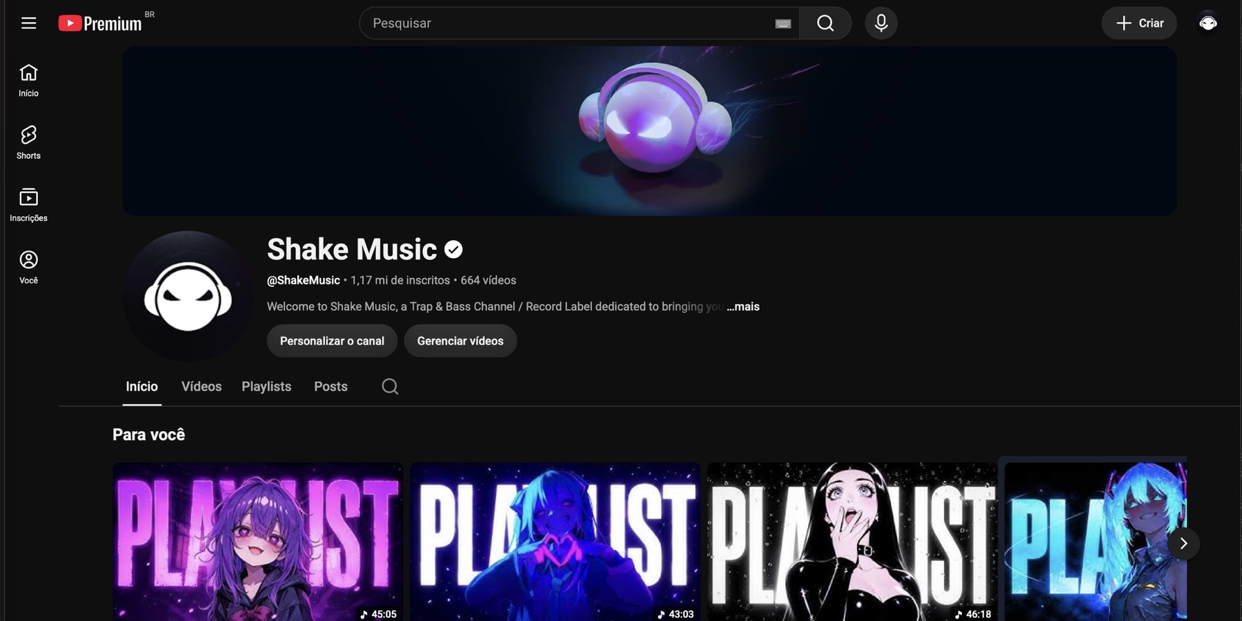 Página do canal Shake Music no YouTube: 1,17 milhão de inscritos e 664 vídeos