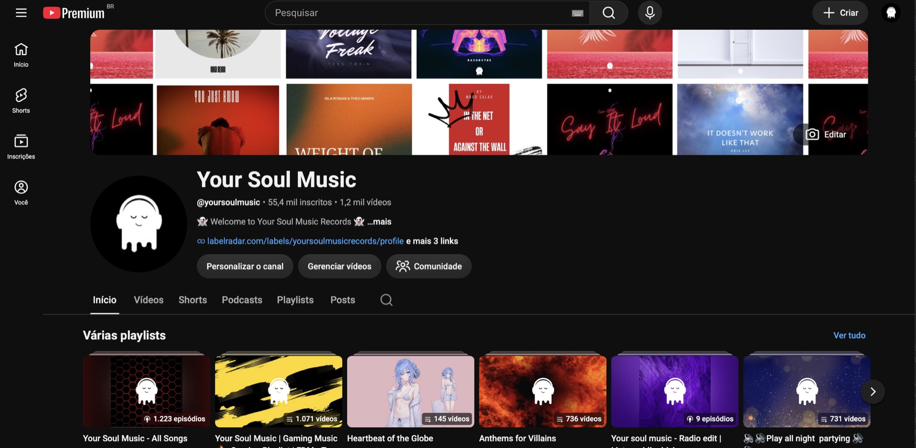 Página do canal Your Soul Music no YouTube: 55,4 mil inscritos e 1,2 mil vídeos